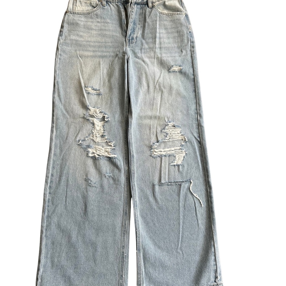 Fashion Nova Light Blue Distressed Wide Leg Jeans
